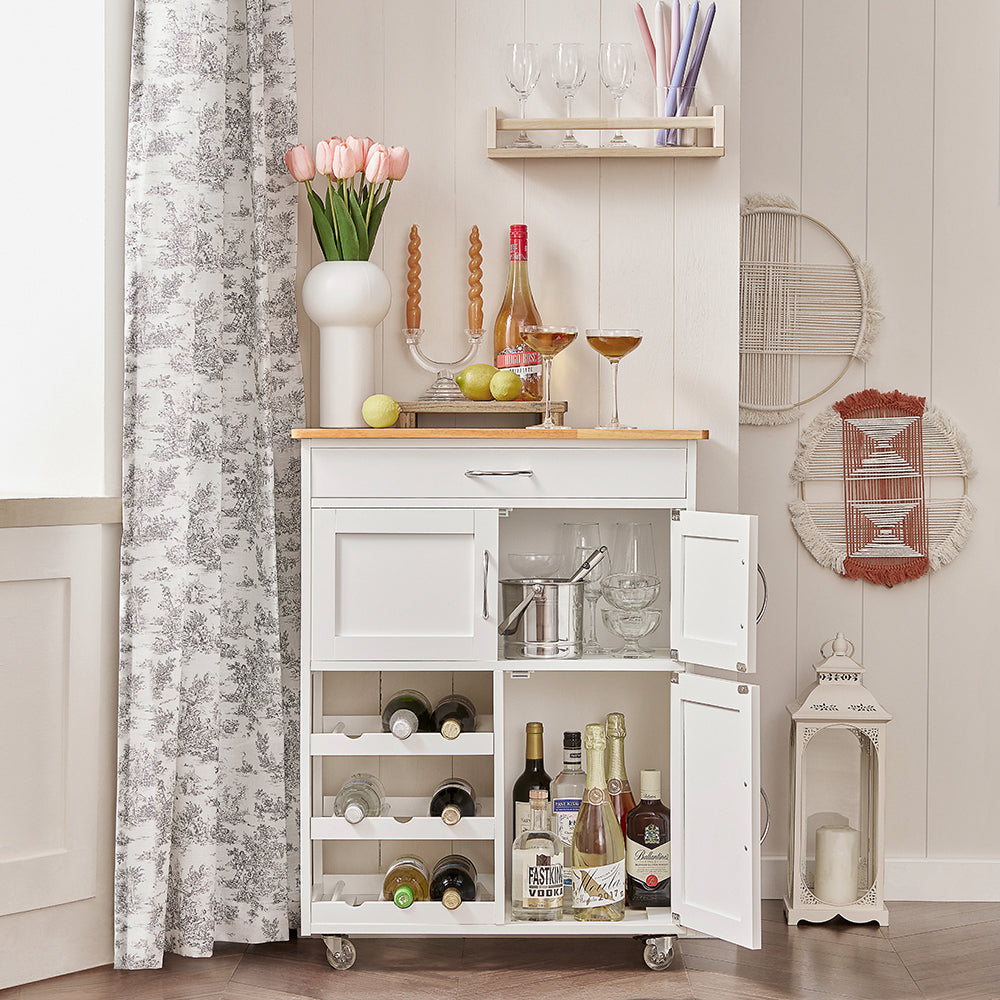 SoBuy FKW45-WN, Kitchen Storage Trolley Serving Trolley Kitchen Storage Cabinet with Rubber Wood Worktop, White