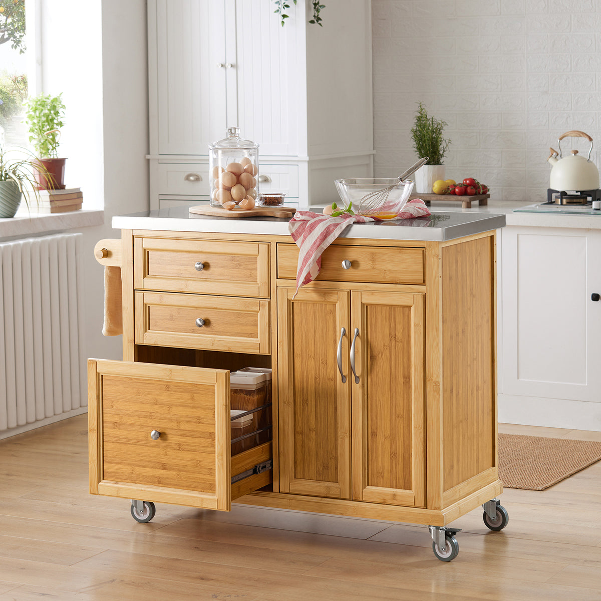 SoBuy FKW70-N, Kitchen Storage Trolley Kitchen Island Kitchen Cabinet Cupboard Sideboard with Stainless Steel Top, Wood