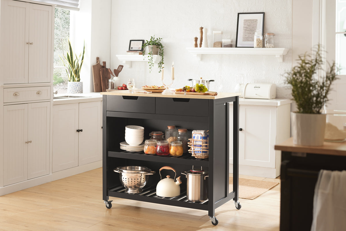 SoBuy FKW74-SCH Serving Trolley with Casters, Kitchen Trolley with Worktop, Kitchen Rolling Cart, Outdoor Serving Trolley, Standing Kitchen Shelf, Kitchen Shelf, Kitchen Trolley with Storage Space, Black, 98x94x58 cm