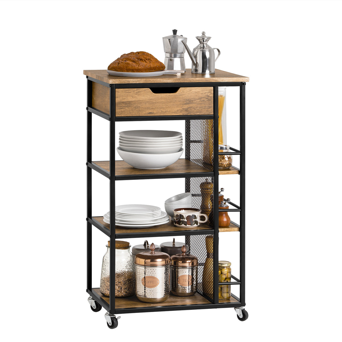 SoBuy FKW99-N black industrial vintage kitchen trolley on wheels with drawer 3-tier shelves and side rack – white background