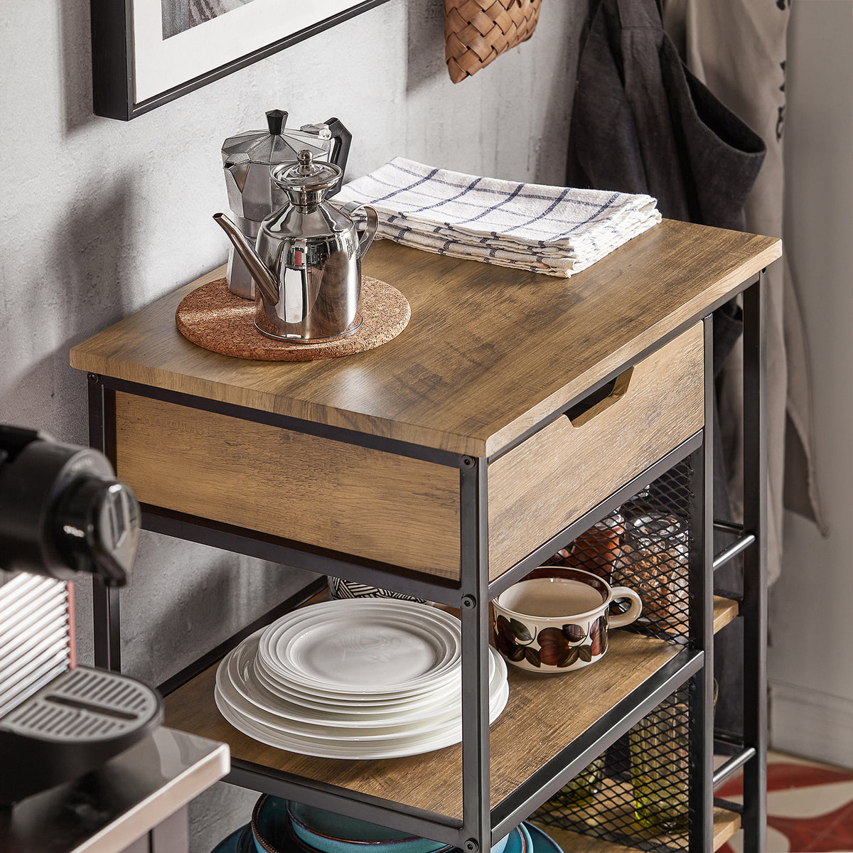 SoBuy FKW99-N wood-effect MDF panel and steel frame joint detail – industrial vintage finish on black kitchen trolley