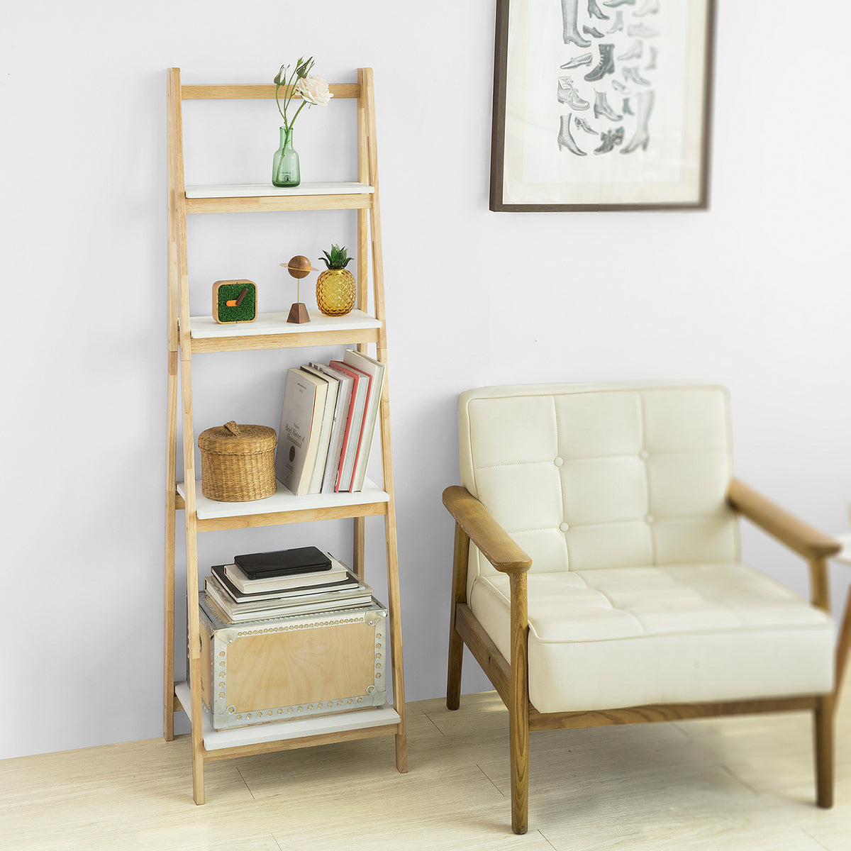 SoBuy FRG162-N, 4 Tiers Foldable Ladder Shelf Bookcase, Storage Display Shelving Unit, Wood
