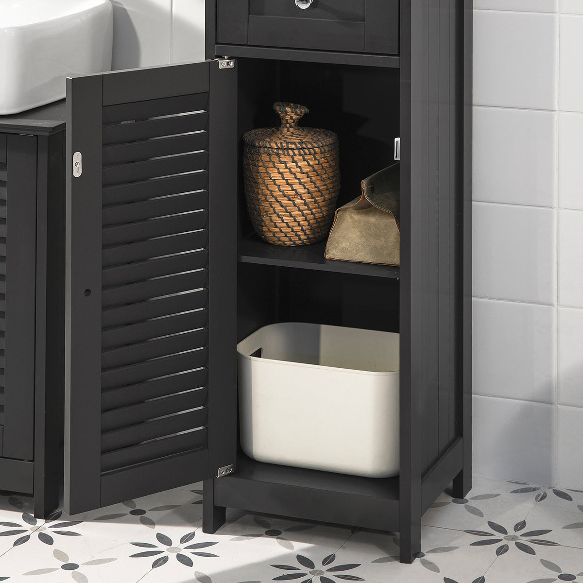 SoBuy FRG236-DG pull-out drawer detail – concealed storage for toiletries and bathroom essentials