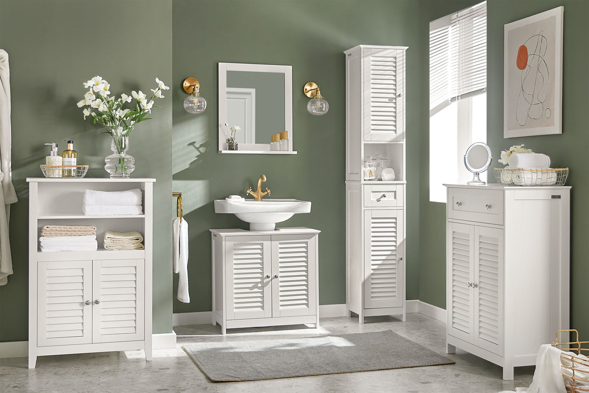 SoBuy FRG237-II-W, Under Sink Bathroom Cabinet with Adjustable Shelves, MDF Bathroom Storage Unit for Under Sink Storage, Anti-Mold Louvered Door, suitable for Pedestal Sinks, White, 60x58x35cm