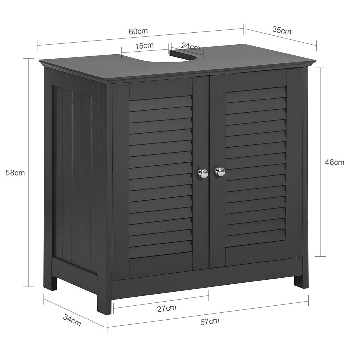 SoBuy FRG237-DG, Under Sink Bathroom Cabinet with Adjustable Shelves, MDF Bathroom Storage Unit for Under Sink Storage, Anti-Mold Louvered Door, Dark Grey,W60 x D35 x H58cm