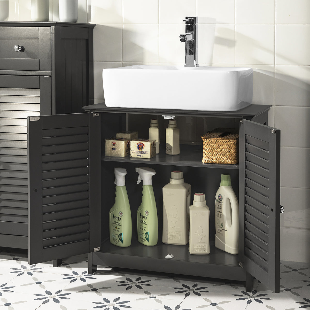 SoBuy FRG237-DG, Under Sink Bathroom Cabinet with Adjustable Shelves, MDF Bathroom Storage Unit for Under Sink Storage, Anti-Mold Louvered Door, Dark Grey,W60 x D35 x H58cm