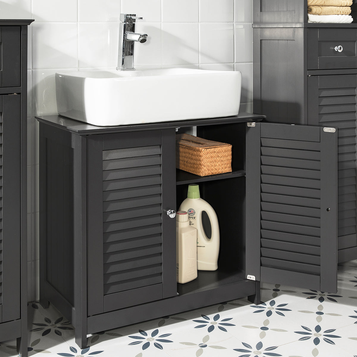 SoBuy FRG237-DG, Under Sink Bathroom Cabinet with Adjustable Shelves, MDF Bathroom Storage Unit for Under Sink Storage, Anti-Mold Louvered Door, Dark Grey,W60 x D35 x H58cm
