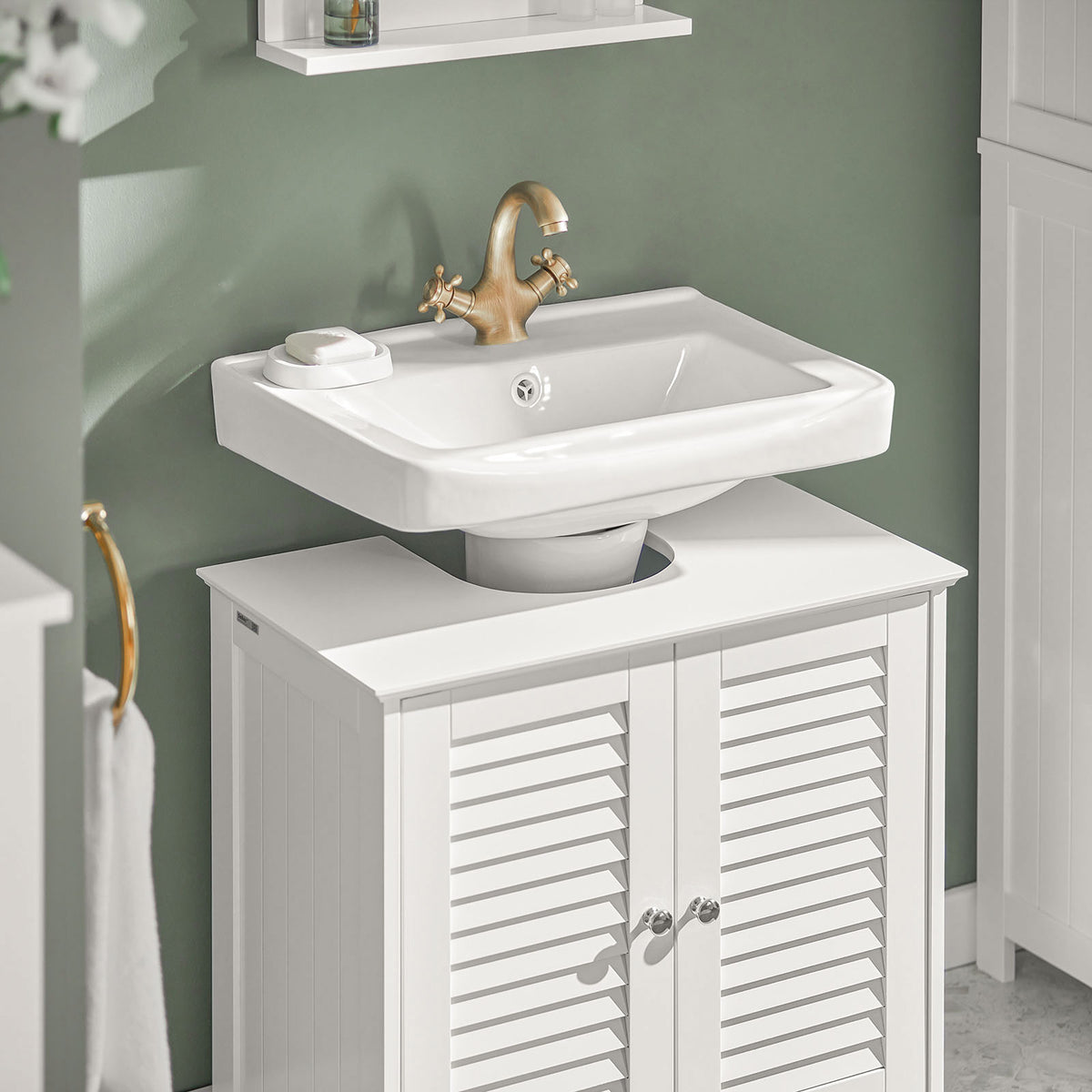 SoBuy FRG237-II-W, Under Sink Bathroom Cabinet with Adjustable Shelves, MDF Bathroom Storage Unit for Under Sink Storage, Anti-Mold Louvered Door, suitable for Pedestal Sinks, White, 60x58x35cm
