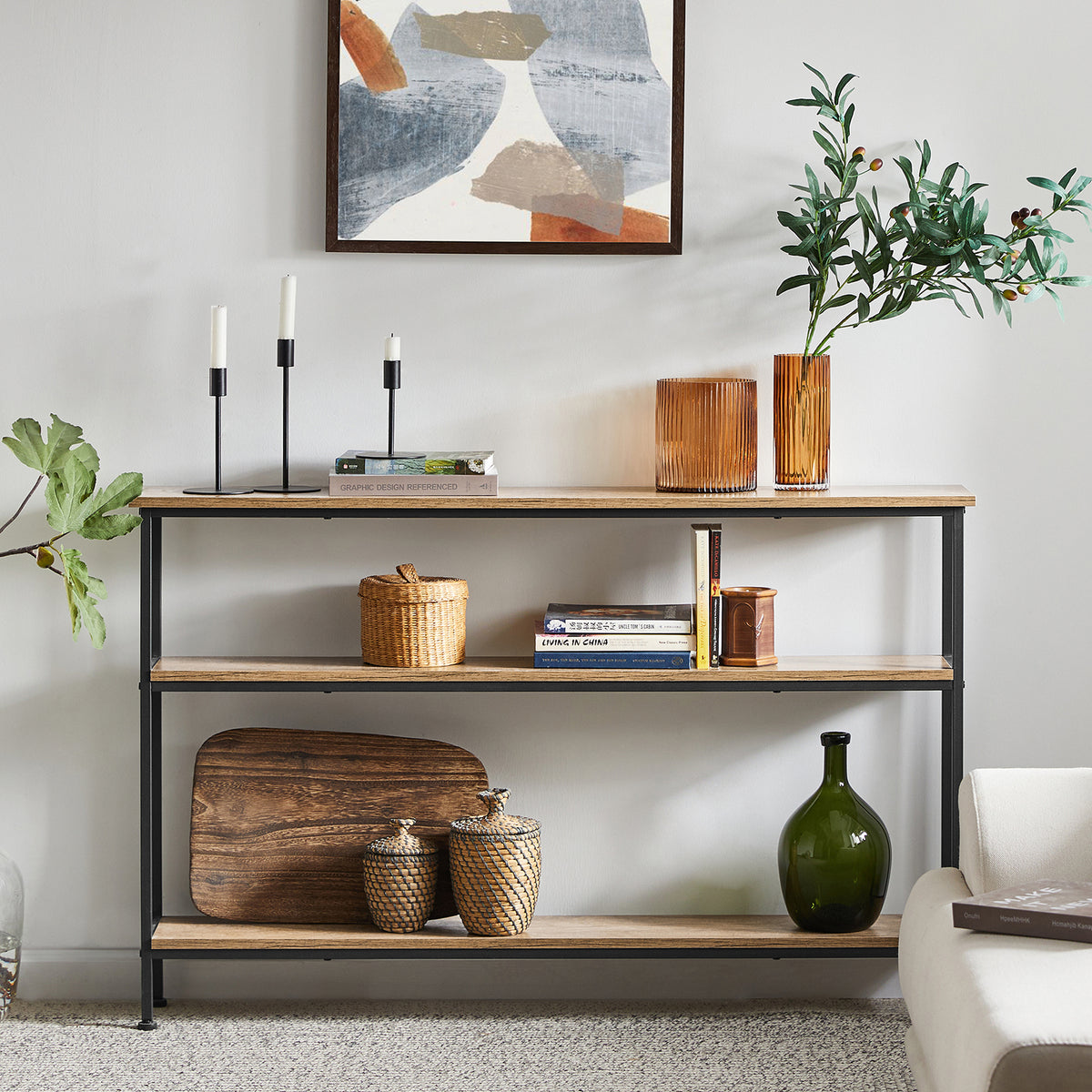 SoBuy FSB49-PZ, Console Table Narrow Side Table Slim Console Table – 3 Tier Display Storage for Entryway, Living Room, Hallway – Modern Rustic Table with Metal Frame, W120 x D20 x H77cm