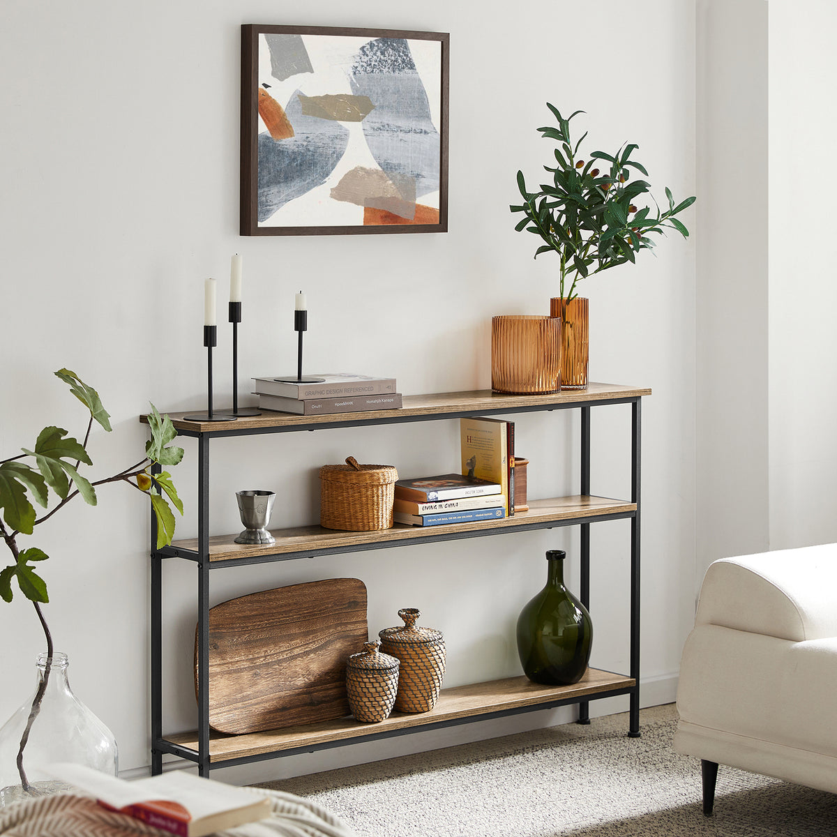 SoBuy FSB49-PZ, Console Table Narrow Side Table Slim Console Table – 3 Tier Display Storage for Entryway, Living Room, Hallway – Modern Rustic Table with Metal Frame, W120 x D20 x H77cm