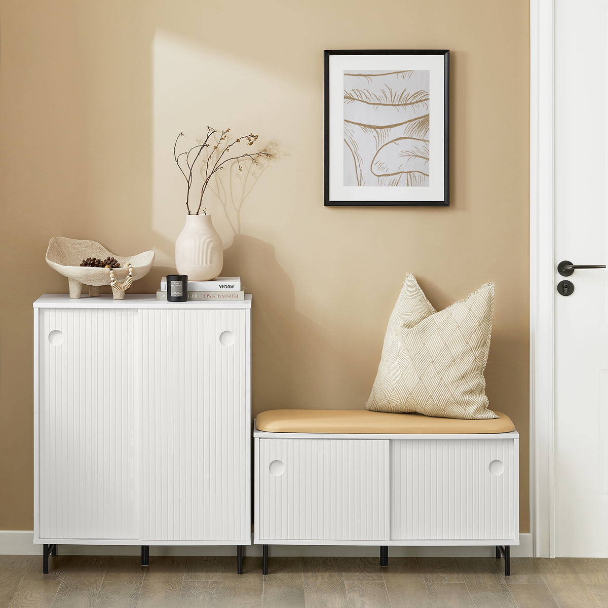 SoBuy FSB62-W, Sideboard Cabinet Storage Cupboard – Sliding Doors Hallway Shoe Organizer with Adjustable Shelves - White Sideboard for Living Room, Kitchen, Entryway – 60kg Load