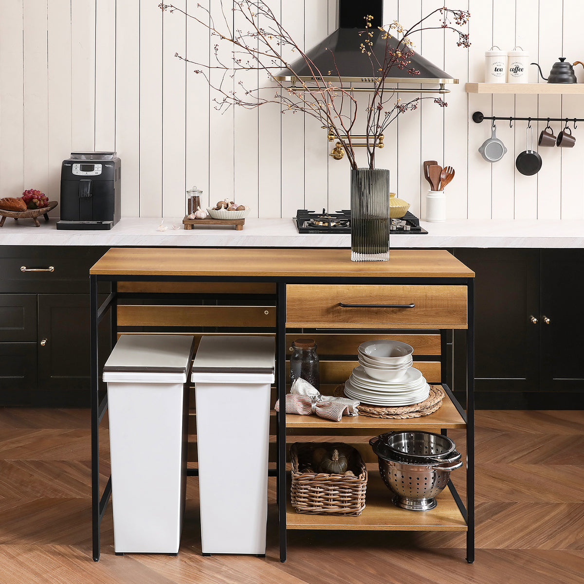 SoBuy FSB71-PF, Kitchen Island on Wheels with Worktop, Free Standing Kitchen Storage Unit, Kitchen Trolley Cabinet with Drawer and Shelves, Butchers Block Trolley, W120×D45×H90cm