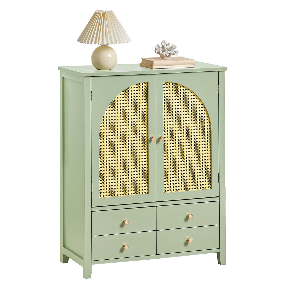 SoBuy FSB72-GR, Sideboard Storage Cabinet Hallway Cupboard – Living Room Cabinets with 4 Drawers & 2 Doors, Rattan Front, Adjustable Shelves – Green Oak Effect, W70×D34×H90cm