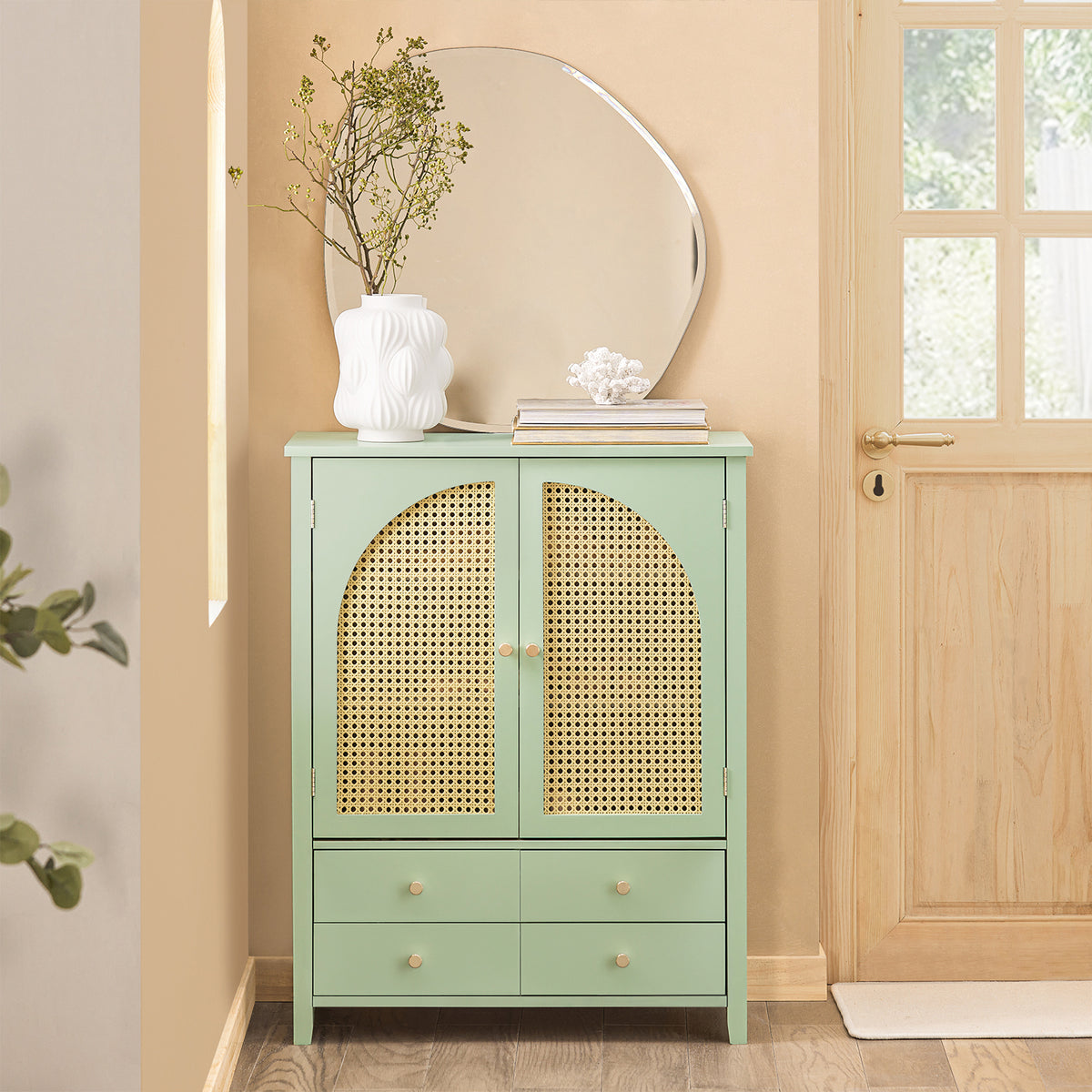 SoBuy FSB72-GR, Sideboard Storage Cabinet Hallway Cupboard – Living Room Cabinets with 4 Drawers & 2 Doors, Rattan Front, Adjustable Shelves – Green Oak Effect, W70×D34×H90cm