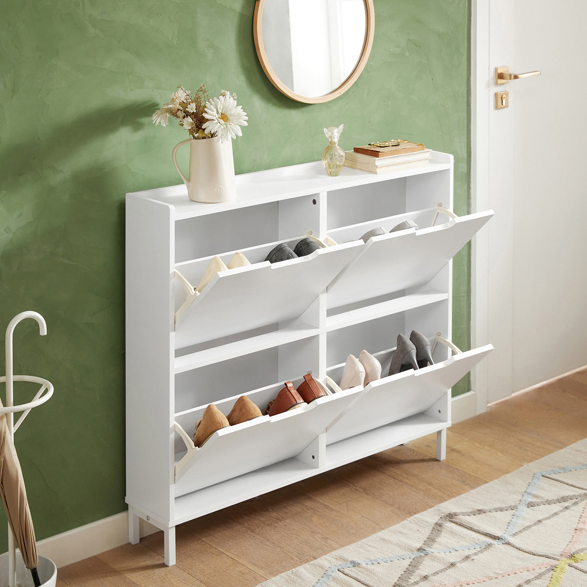 SoBuy FSR100-W, Narrow Shoe Rack Shoe Cabinet with 4 Flip Drawers Slim Wooden Storage Cupboard for Hallway Entrance Foyer or Understairs White W100 x D19 x H91cm