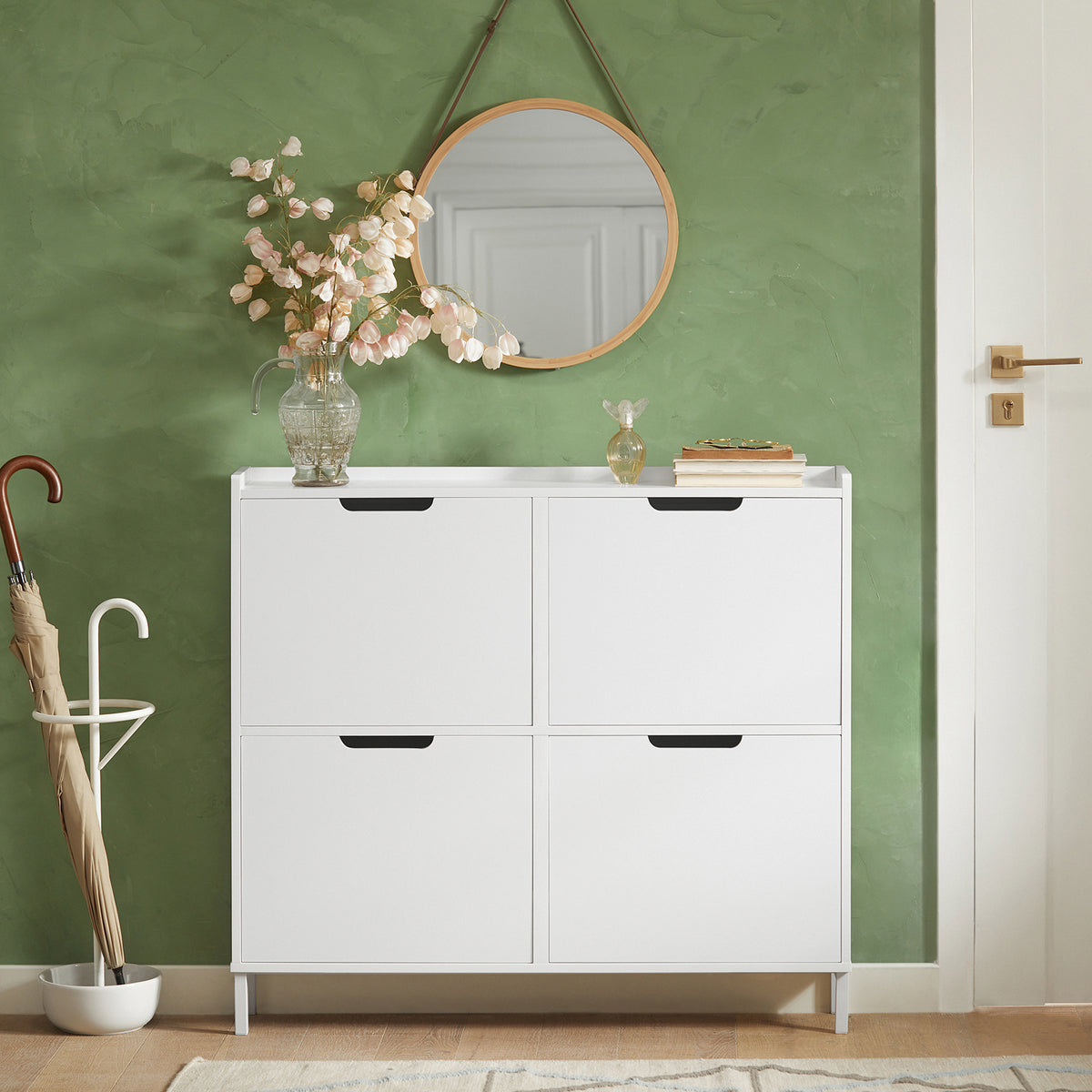 SoBuy FSR100-W, Narrow Shoe Rack Shoe Cabinet with 4 Flip Drawers Slim Wooden Storage Cupboard for Hallway Entrance Foyer or Understairs White W100 x D19 x H91cm