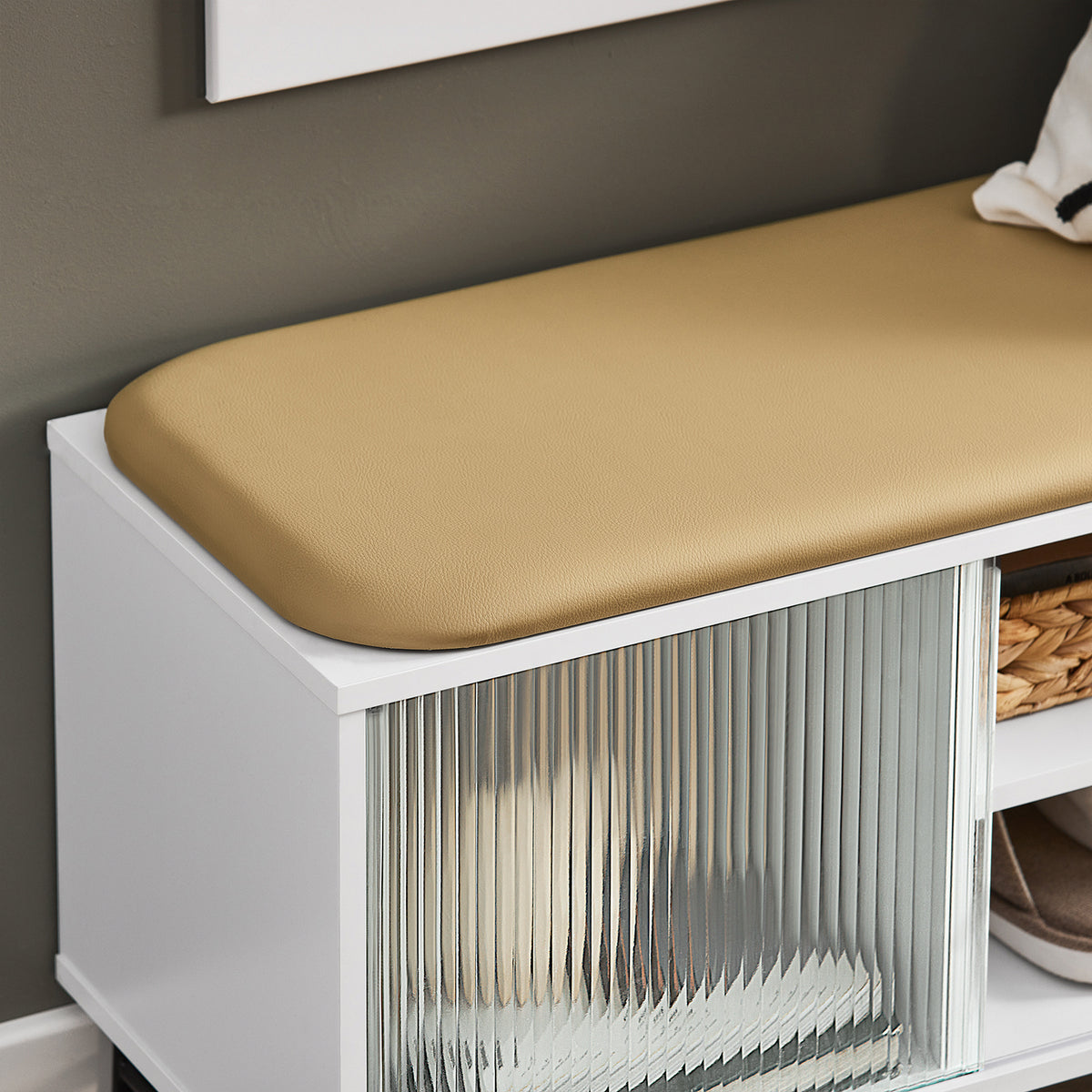 SoBuy FSR115-W, Hallway Storage Bench Shoe Cabinet With Glass Sliding Doors And Seat Cushion, White