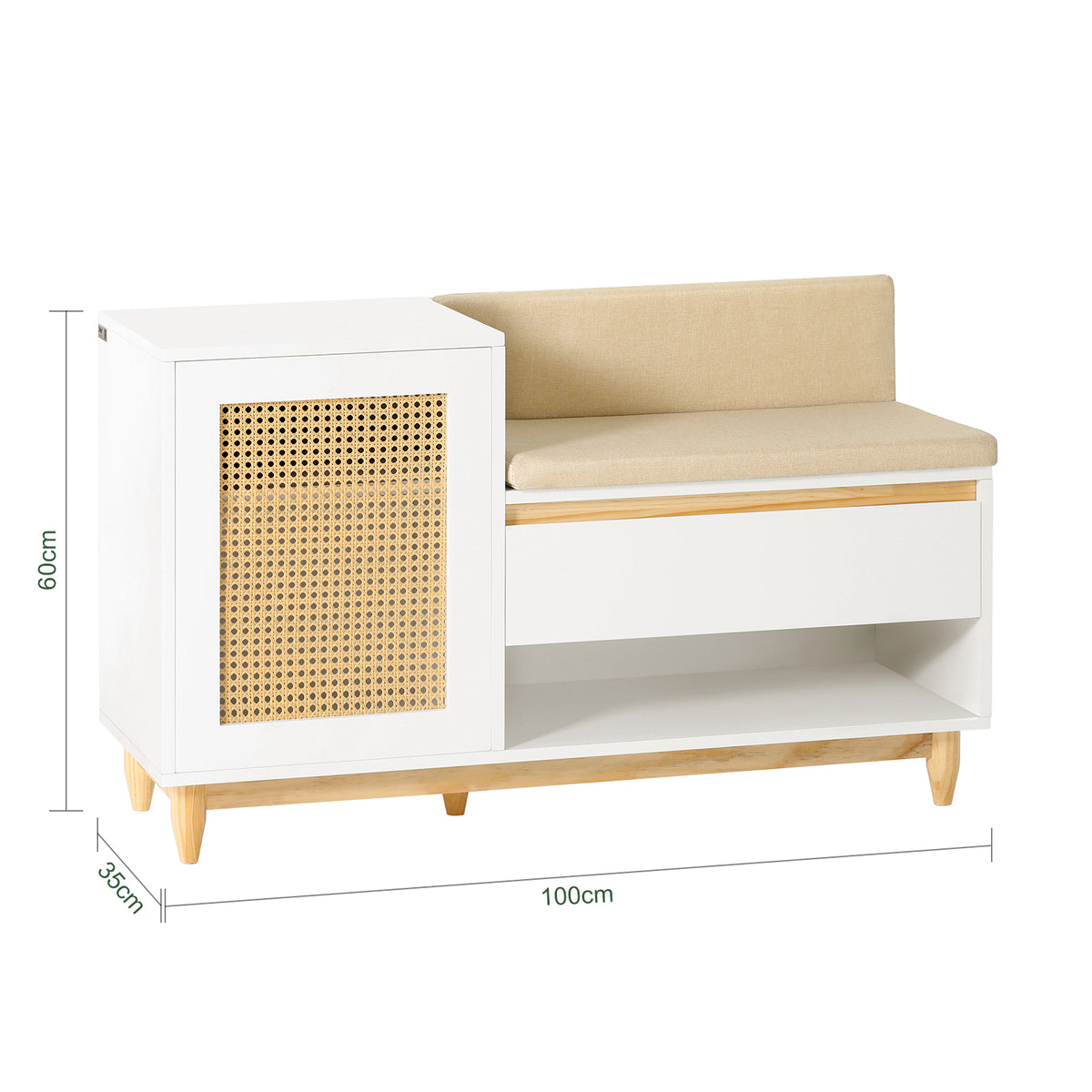 SoBuy FSR128-W Shoe Storage Bench Shoe Rack with Cushion – Large Capacity Entryway Cabinet with Adjustable Shelves & Rattan Door – Ideal for Hallway & Bedroom – White 100×35×60cm