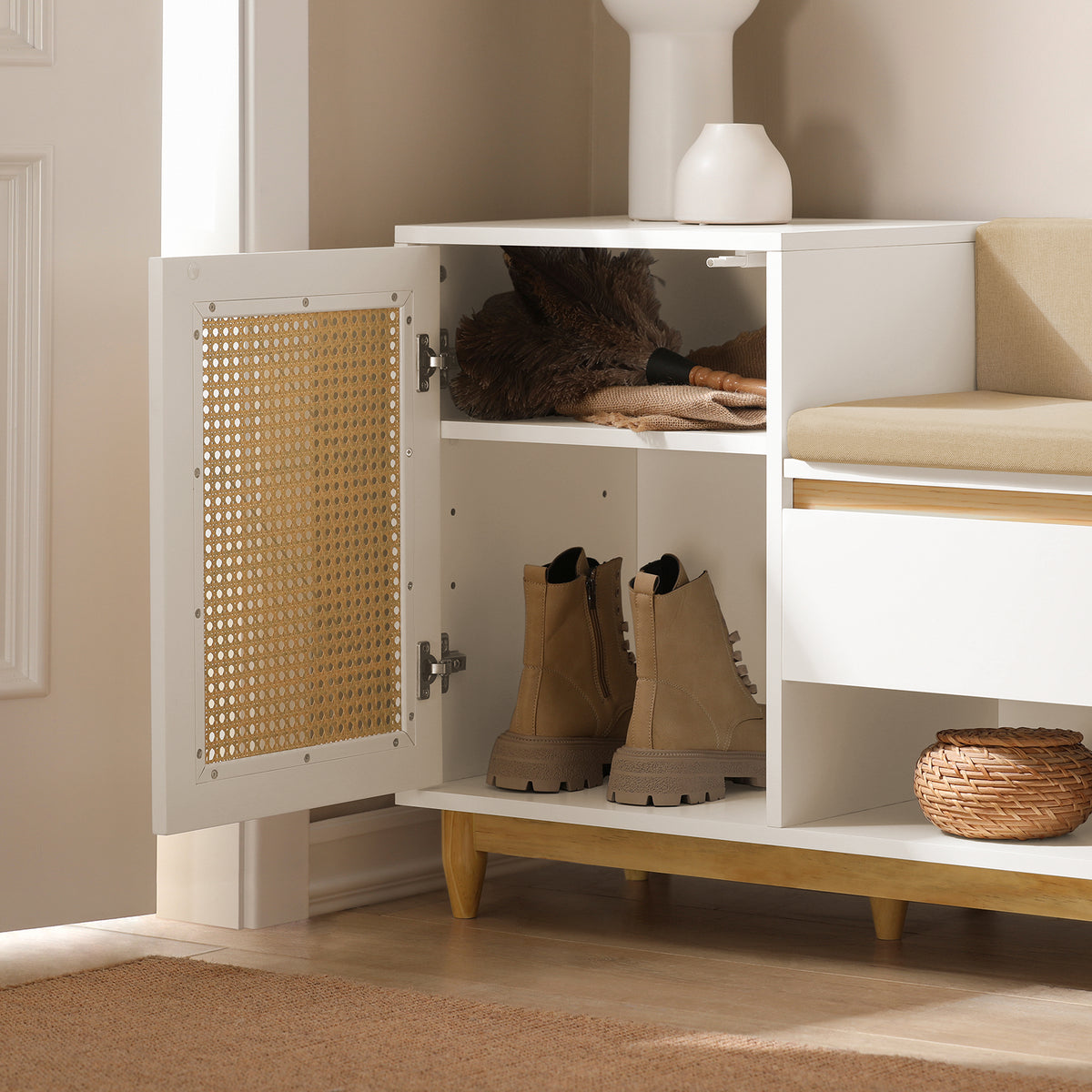 SoBuy FSR128-W Shoe Storage Bench Shoe Rack with Cushion – Large Capacity Entryway Cabinet with Adjustable Shelves & Rattan Door – Ideal for Hallway & Bedroom – White 100×35×60cm