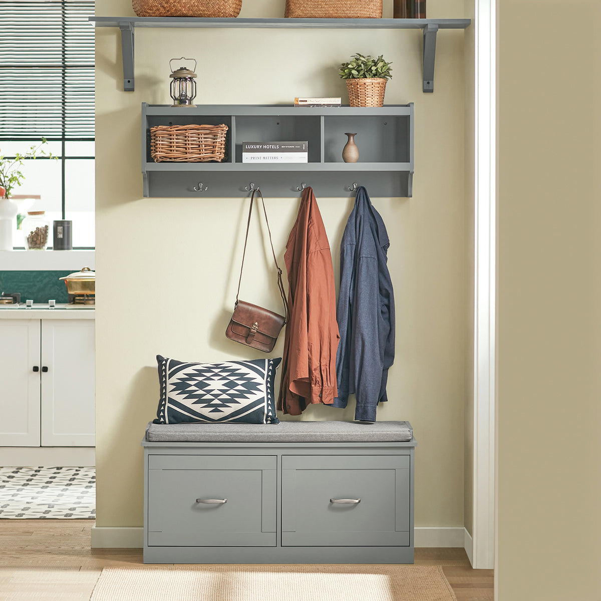 SoBuy FHK28-HG, Wall Coat Rack Wall Shelf Wall Storage Cabinet Unit with 3 Compartments 4 Hooks, Grey