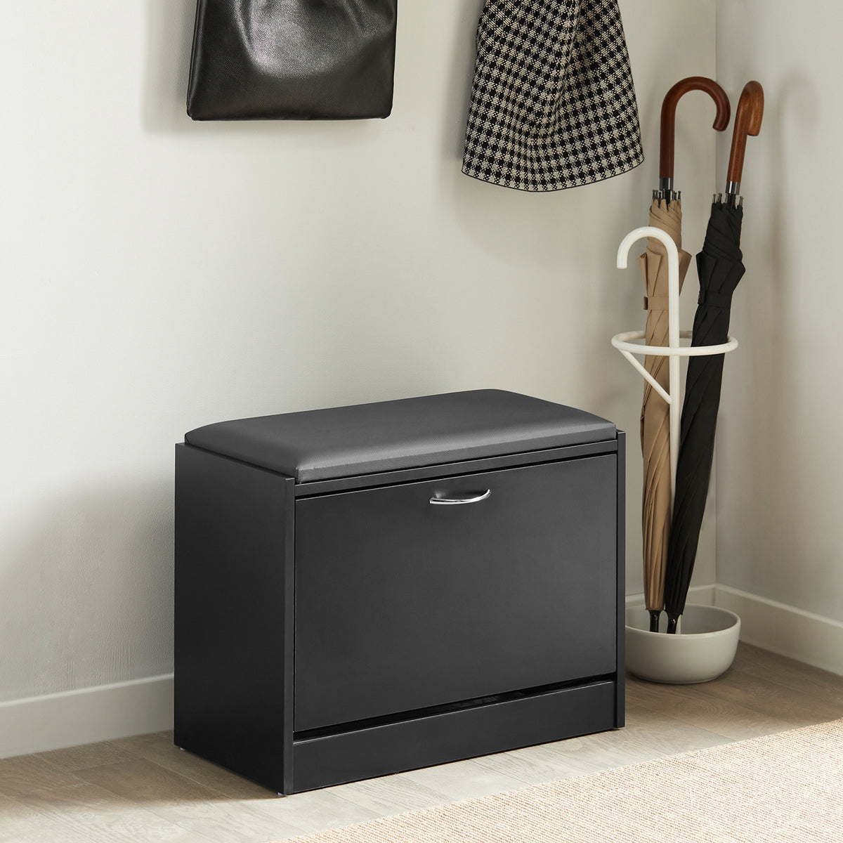 SoBuy FSR16-SCH, Hallway Shoe Bench Shoe Cabinet with Flip-drawer and Removable Seat Cushion, Black, Black
