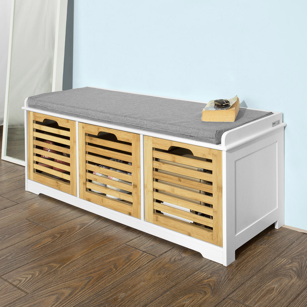 SoBuy FSR23-WN, Shoe Storage Bench Shoe Cabinet with Seat Cushion – 3 Drawers for Hallway Organiser, White and Natural, Wooden Storage Unit, 120kg Load