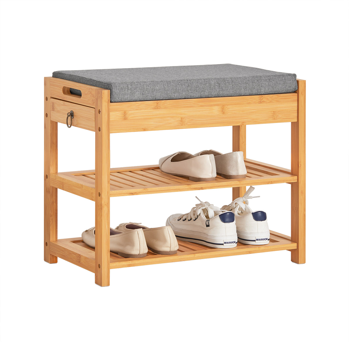 SoBuy FSR49-N natural bamboo shoe bench white background front view