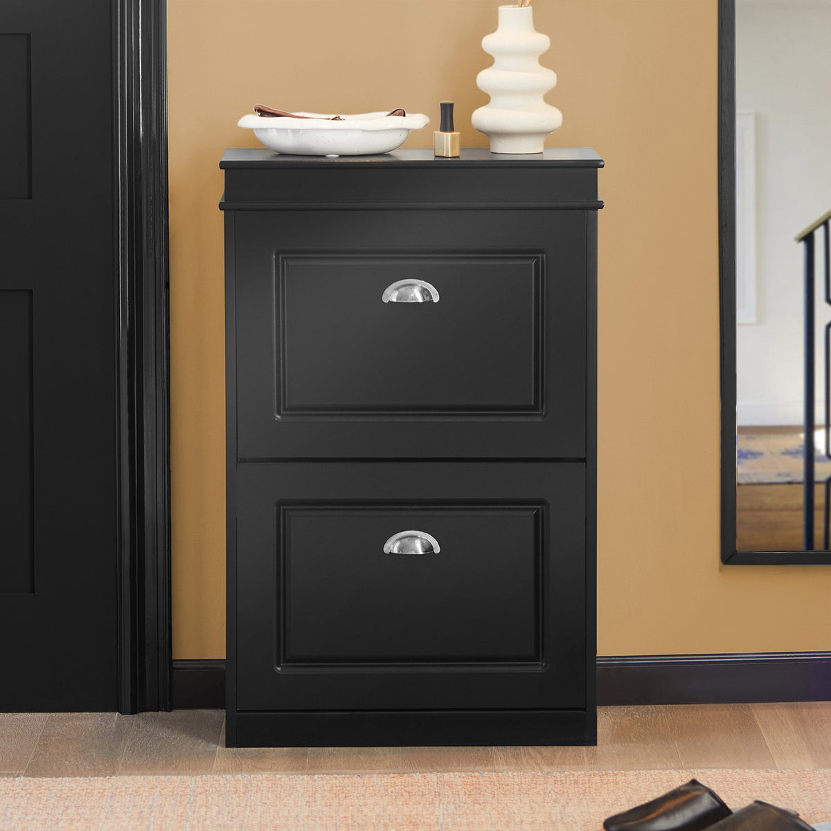 SoBuy FSR78-SCH, Shoe Rack Cabinet with 2 Flip Drawers, Slim Shoe Storage Unit for Hallway, Entryway, Corridor, Small Spaces, MDF Wooden Cupboard Black 54x24x82cm