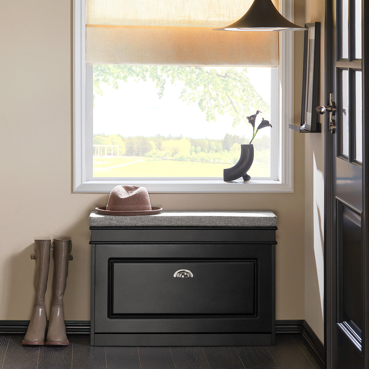SoBuy FSR82-L-SCH Black Hallway Shoe Storage Bench with Seat Cushion – 1 Flip-Drawer, 4 Pairs, 150kg Load, Slim 24cm Depth, W75 x D24 x H51cm
