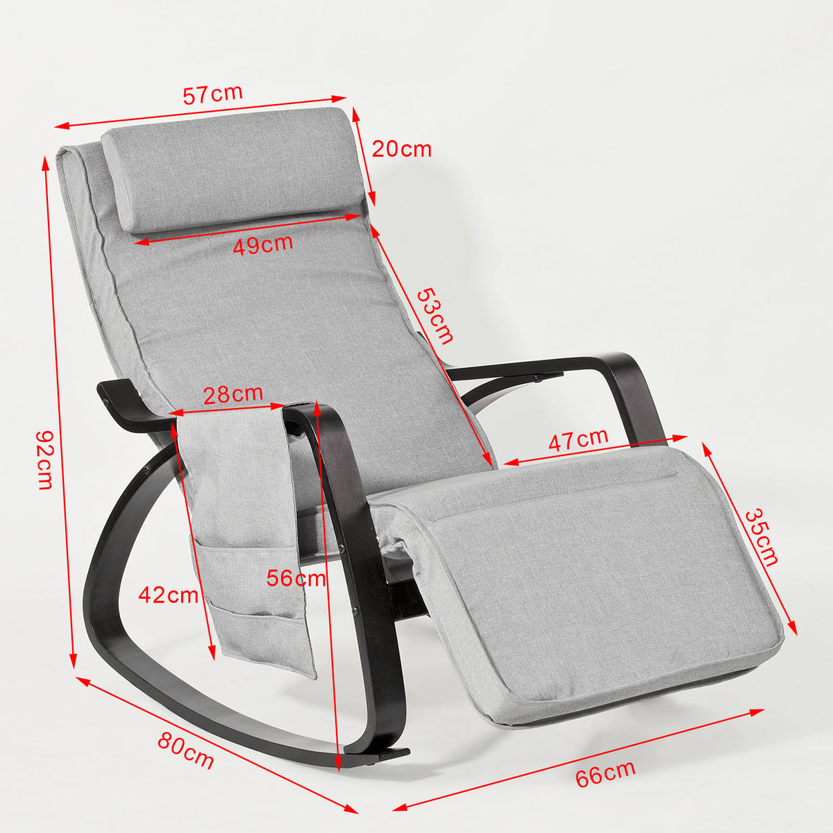 SoBuy FST20-HG, Rocking Chair Relax Lounge Chair with Cushion Recliner with Headrest, Adjustable Footrest and Removable Side Bag Grey