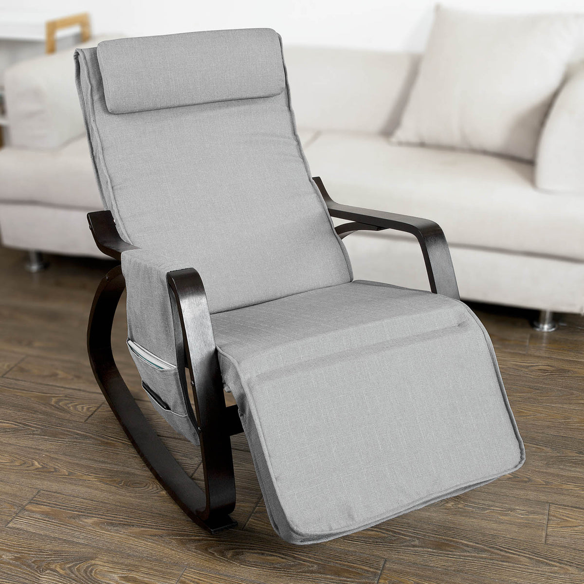 SoBuy FST20-HG, Rocking Chair Relax Lounge Chair with Cushion Recliner with Headrest, Adjustable Footrest and Removable Side Bag Grey