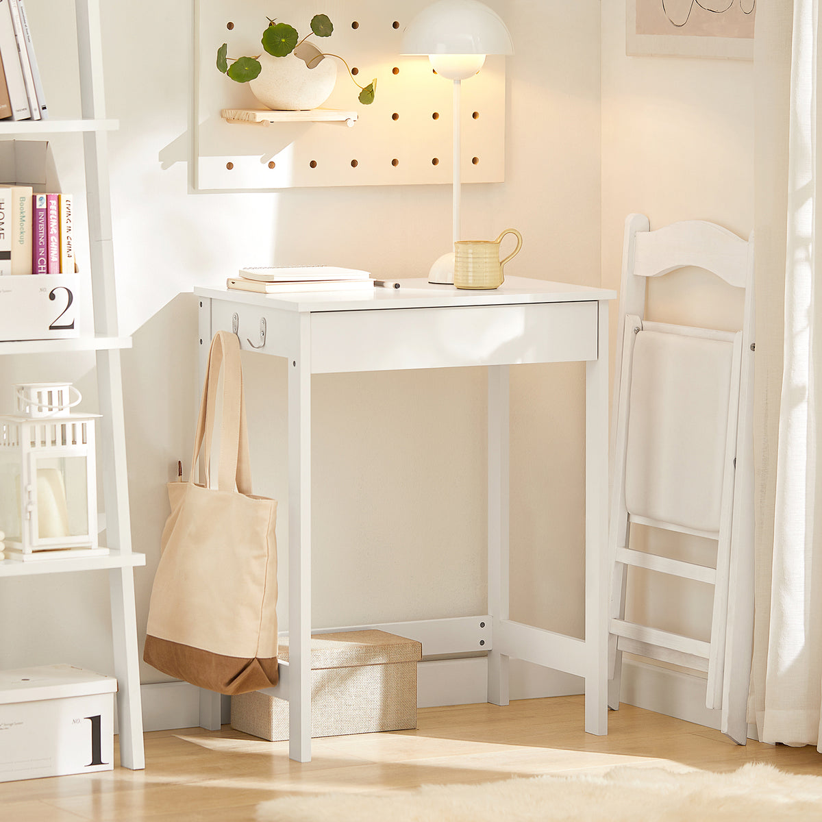 SoBuy FWT43-W compact desk in bedroom setting – white study table with drawer and side hooks