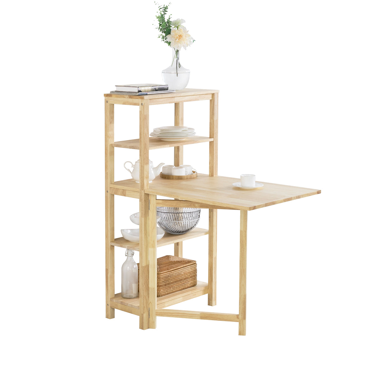 SoBuy FWT70-N, Folding Rubber Wood Dining Table Kitchen Table with 5 Storage Shelves, Wood