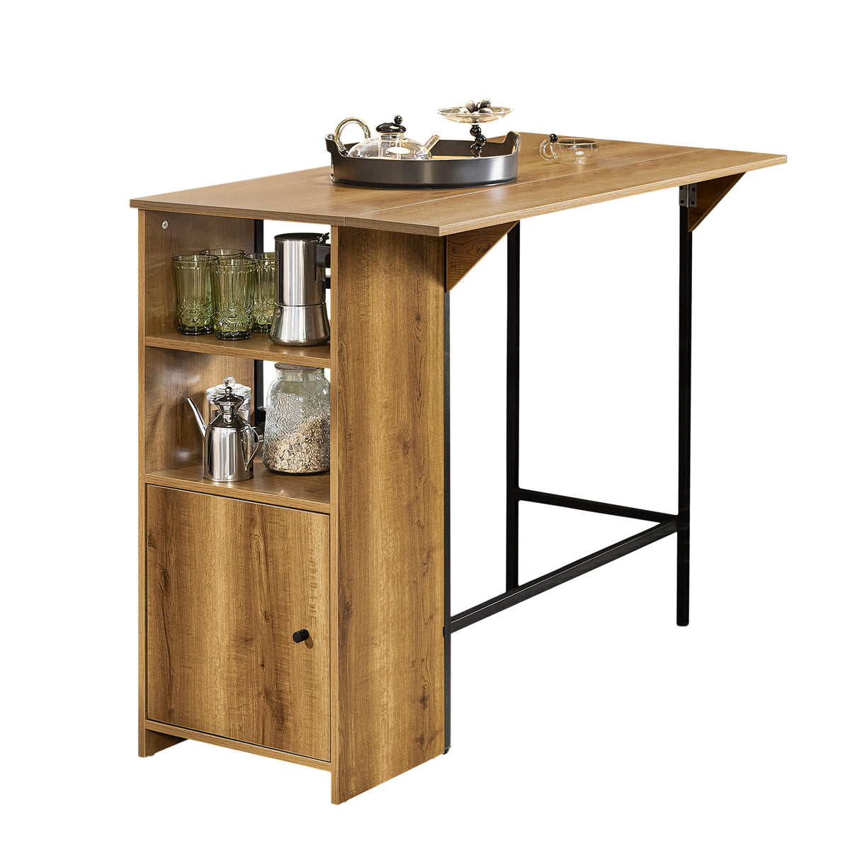 SoBuy FWT98-PF, Kitchen Breakfast Bar Table Dining Table with Extendable Table Top and Shelves, Brown