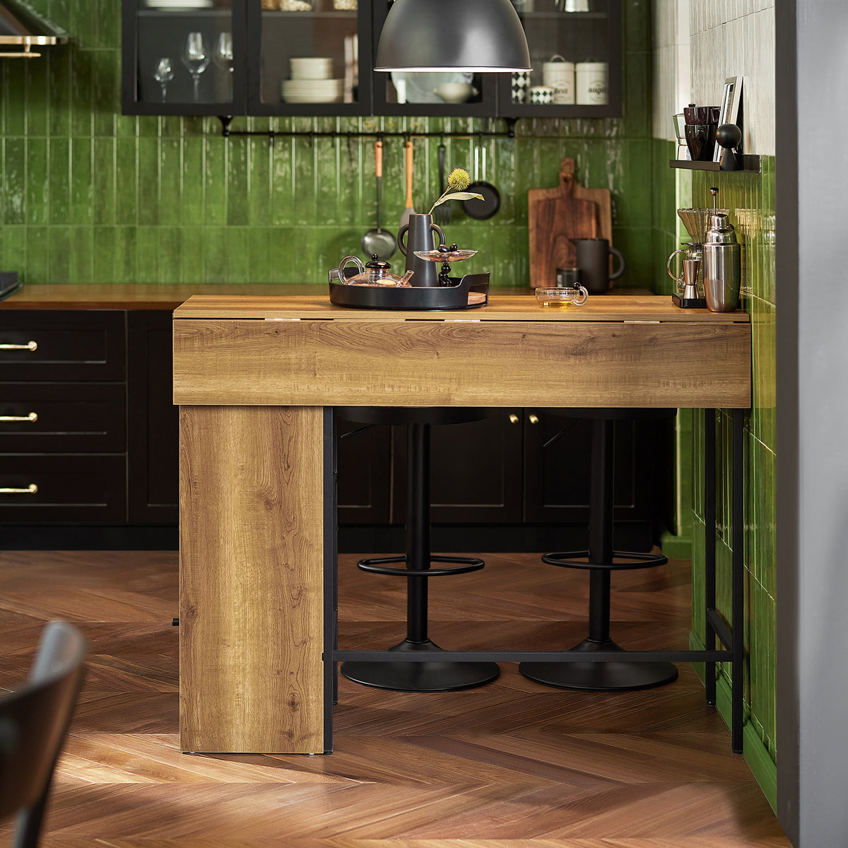 SoBuy FWT98-PF, Kitchen Breakfast Bar Table Dining Table with Extendable Table Top and Shelves, Brown
