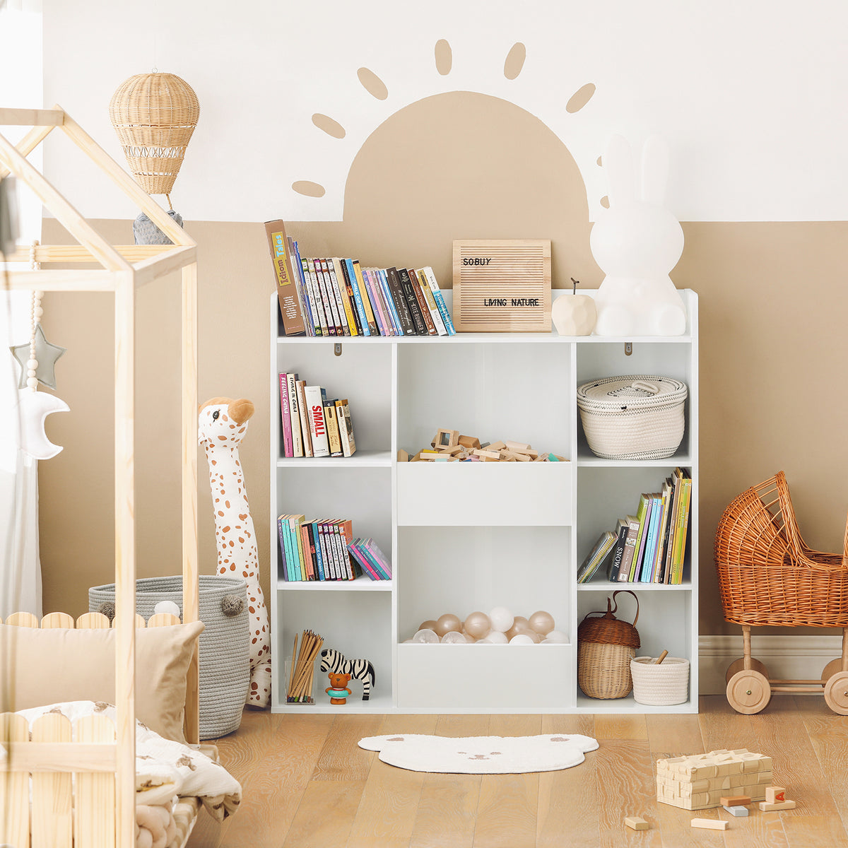 SoBuy KMB55-W, Kids Bookshelf and Toy Storage Unit with 8 Storage Compartments Children's Bookcase for Nursery Toddler Room Baby Book Shelf Kids Book Storage White 106x30x104 cm