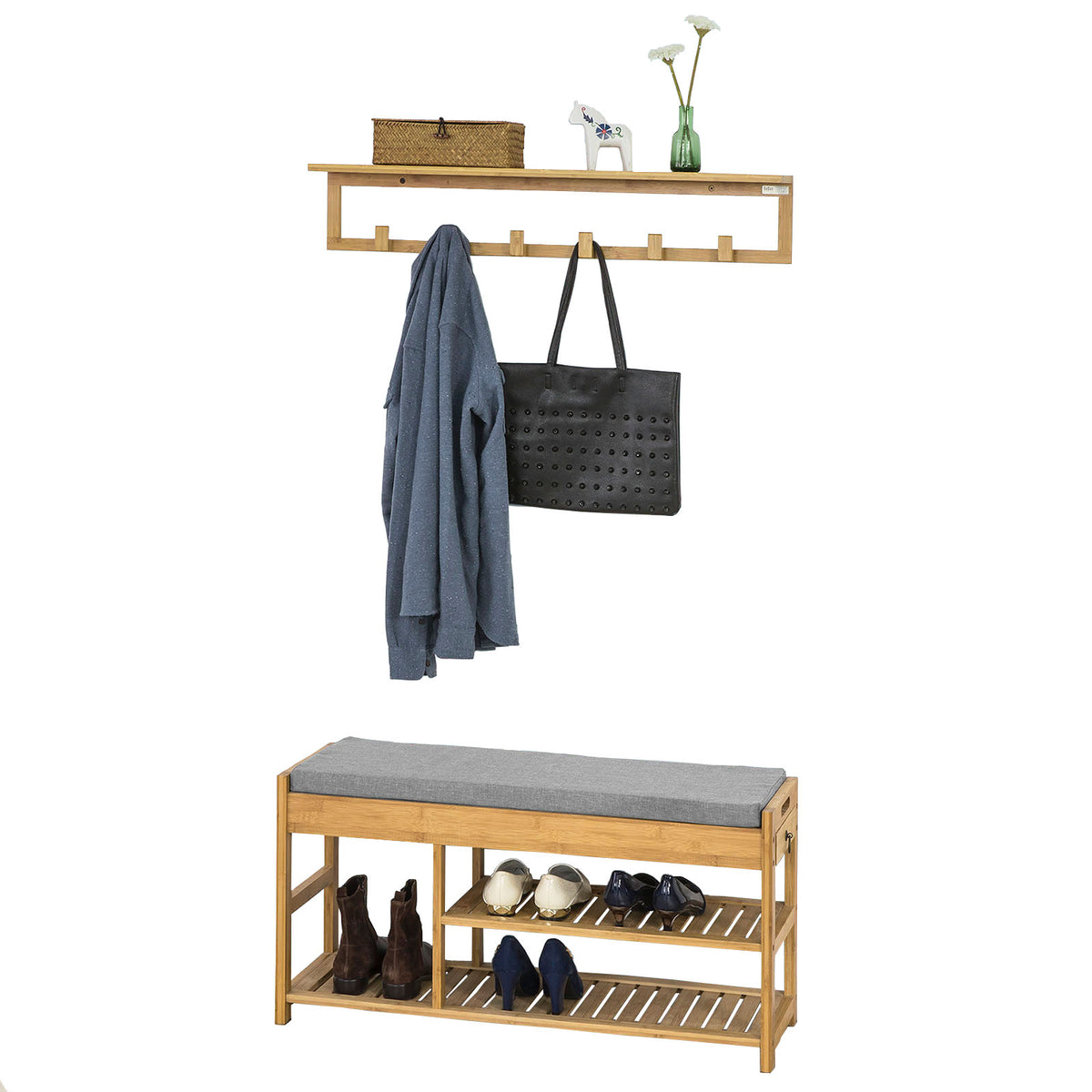 SoBuy FSR47-N+FHK06-N, Hallway Furniture Set, Shoe Bench and Wall Coat Rack, Wood