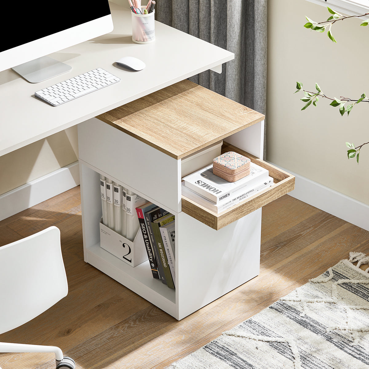 Sobuy ASK08-WN, Home Office File Cabinet Printer Stand Storage Cabinet on Wheels Side Table End Table, White and Natural