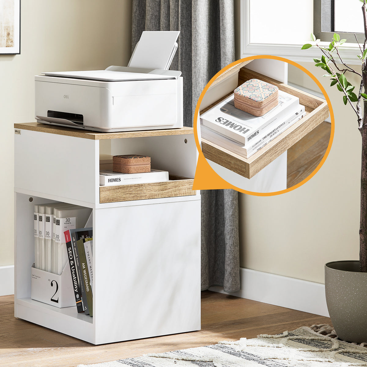 Sobuy ASK08-WN, Home Office File Cabinet Printer Stand Storage Cabinet on Wheels Side Table End Table, White and Natural
