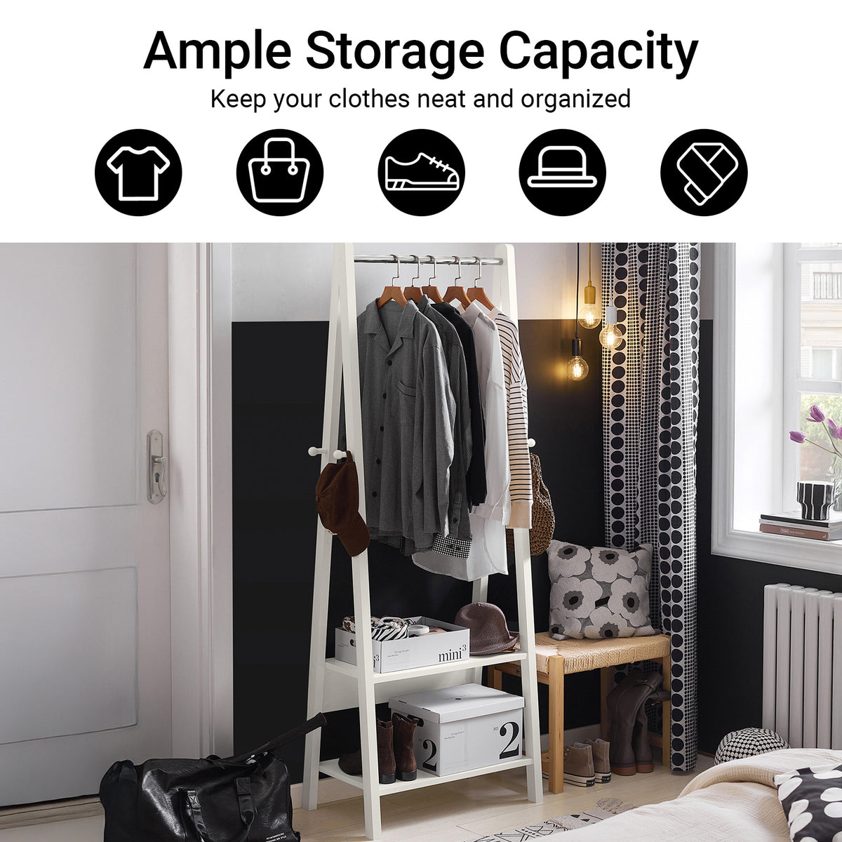 SoBuy FRG59-W Clothes Rail Stand with 2 Storage Shelves, Modern Coat Rack & Hanging Rail, Freestanding Garment Rack, White