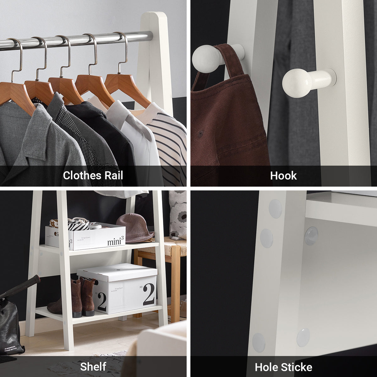 SoBuy FRG59-W Clothes Rail Stand with 2 Storage Shelves, Modern Coat Rack & Hanging Rail, Freestanding Garment Rack, White