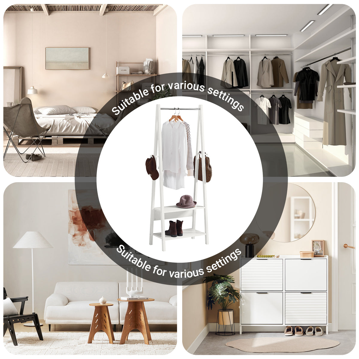SoBuy FRG59-W Clothes Rail Stand with 2 Storage Shelves, Modern Coat Rack & Hanging Rail, Freestanding Garment Rack, White