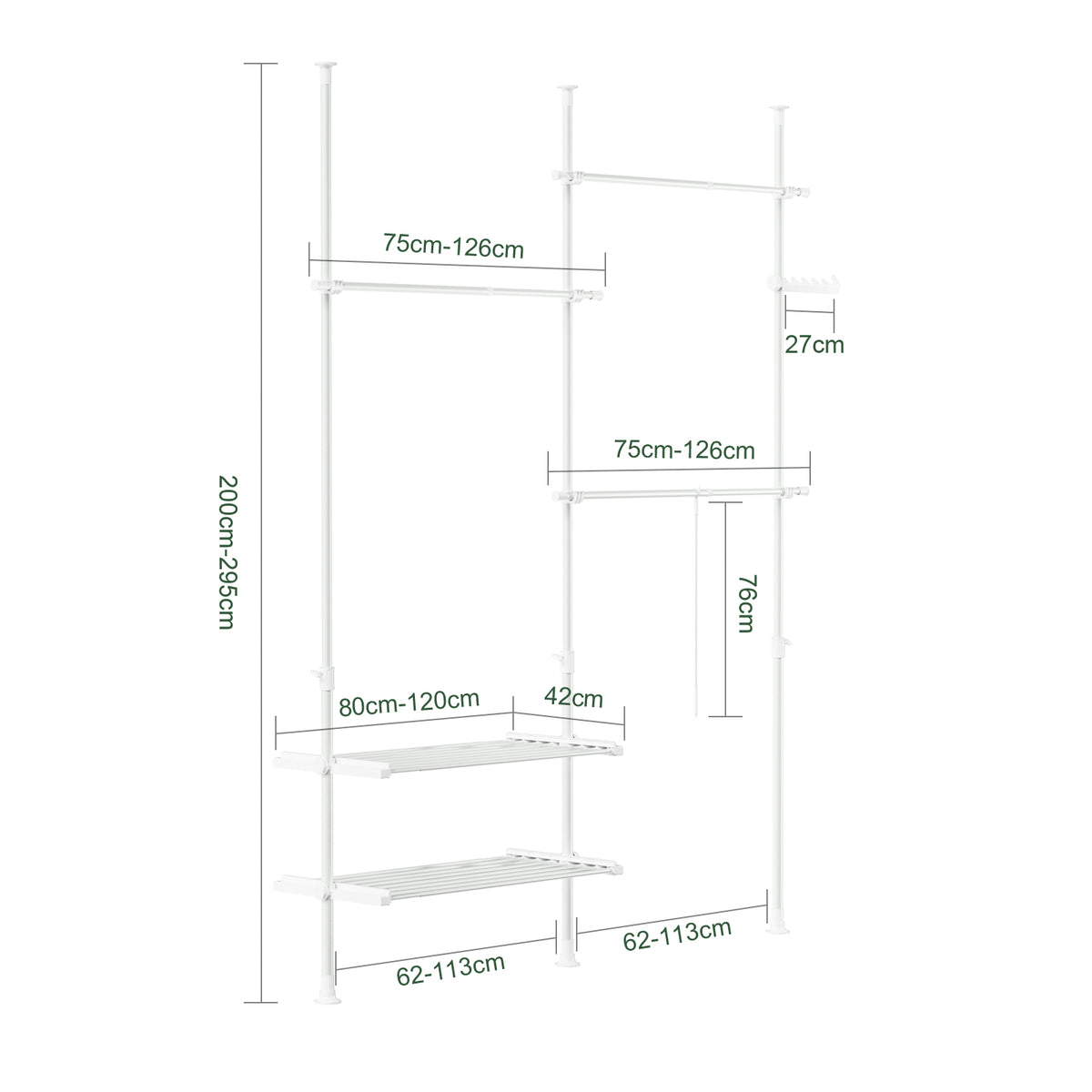 SoBuy FRG34-II-W, Telescopic Clothes Rail, Heavy Duty Clothes Rack, Adjustable Open Wardrobe with Hanging Rails & Shelves for Bedroom, Walk-in Closet White