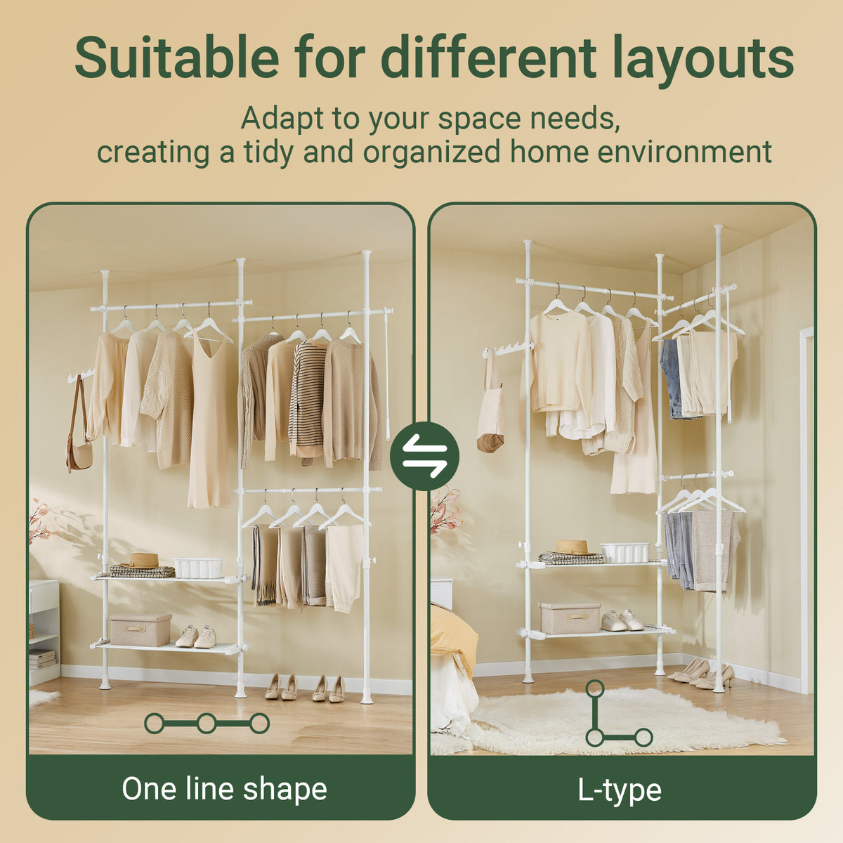 SoBuy FRG34-II-W, Telescopic Clothes Rail, Heavy Duty Clothes Rack, Adjustable Open Wardrobe with Hanging Rails & Shelves for Bedroom, Walk-in Closet White
