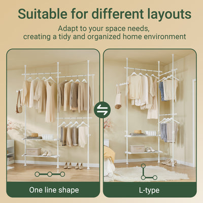 SoBuy FRG34-II-W, Telescopic Clothes Rail, Heavy Duty Clothes Rack, Adjustable Open Wardrobe with Hanging Rails & Shelves for Bedroom, Walk-in Closet White