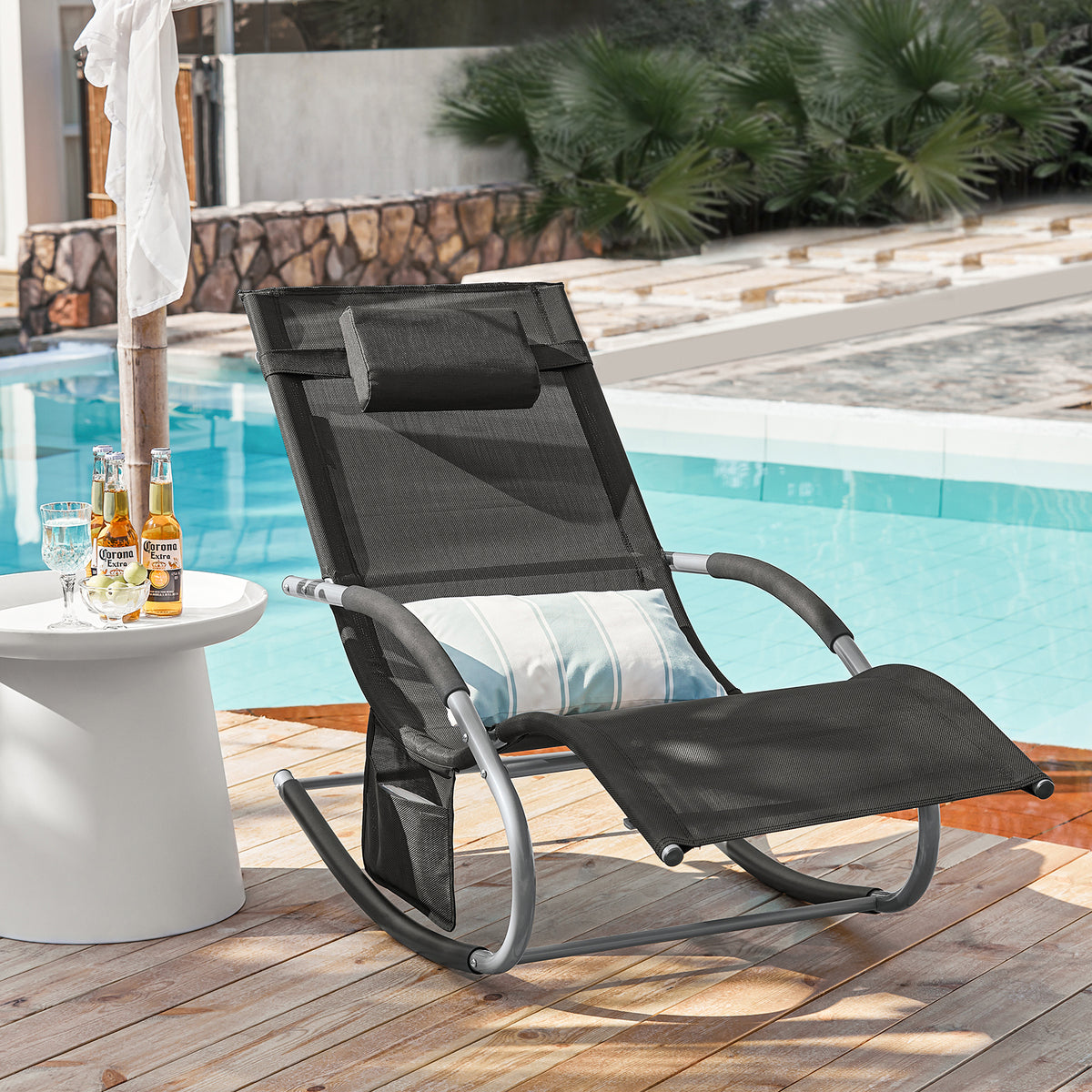 SoBuy OGS28-SCH, Outdoor Garden Rocking Sun Lounger Recliner Relaxing Chair with Headrest and Side Bag, Black