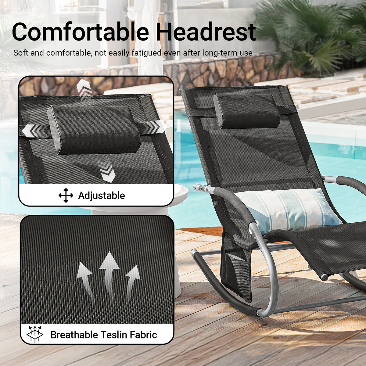 SoBuy OGS28-SCH, Outdoor Garden Rocking Sun Lounger Recliner Relaxing Chair with Headrest and Side Bag, Black