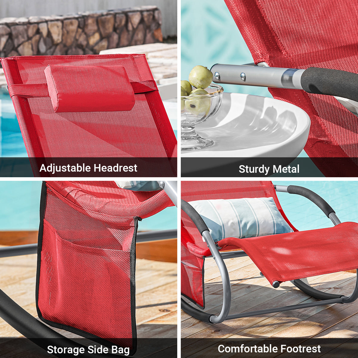 SoBuy OGS28-R, Outdoor Garden Rocking Sun Lounger Recliner Relaxing Chair with Headrest and Side Bag, Red