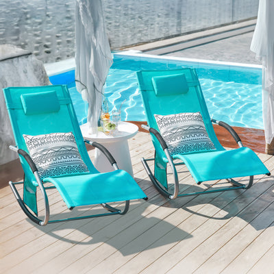 SoBuy OGS28-HBx2, Set of 2 Outdoor Garden Rocking Sun Lounger Recliner Relaxing Chair with Headrest and Side Bag, Blue