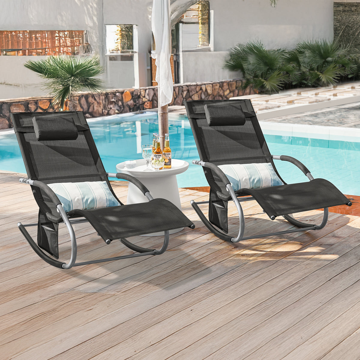 SoBuy OGS28-SCHx2, Set of 2 Outdoor Garden Rocking Sun Lounger Recliner Relaxing Chair with Headrest and Side Bag, Black